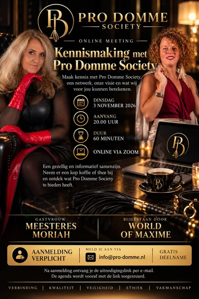 Poster: online kennismaking met Pro Domme Society, dinsdag 3 november 2026 om 20.00 uur via Zoom, met Meesteres Moriah en World of Maxime